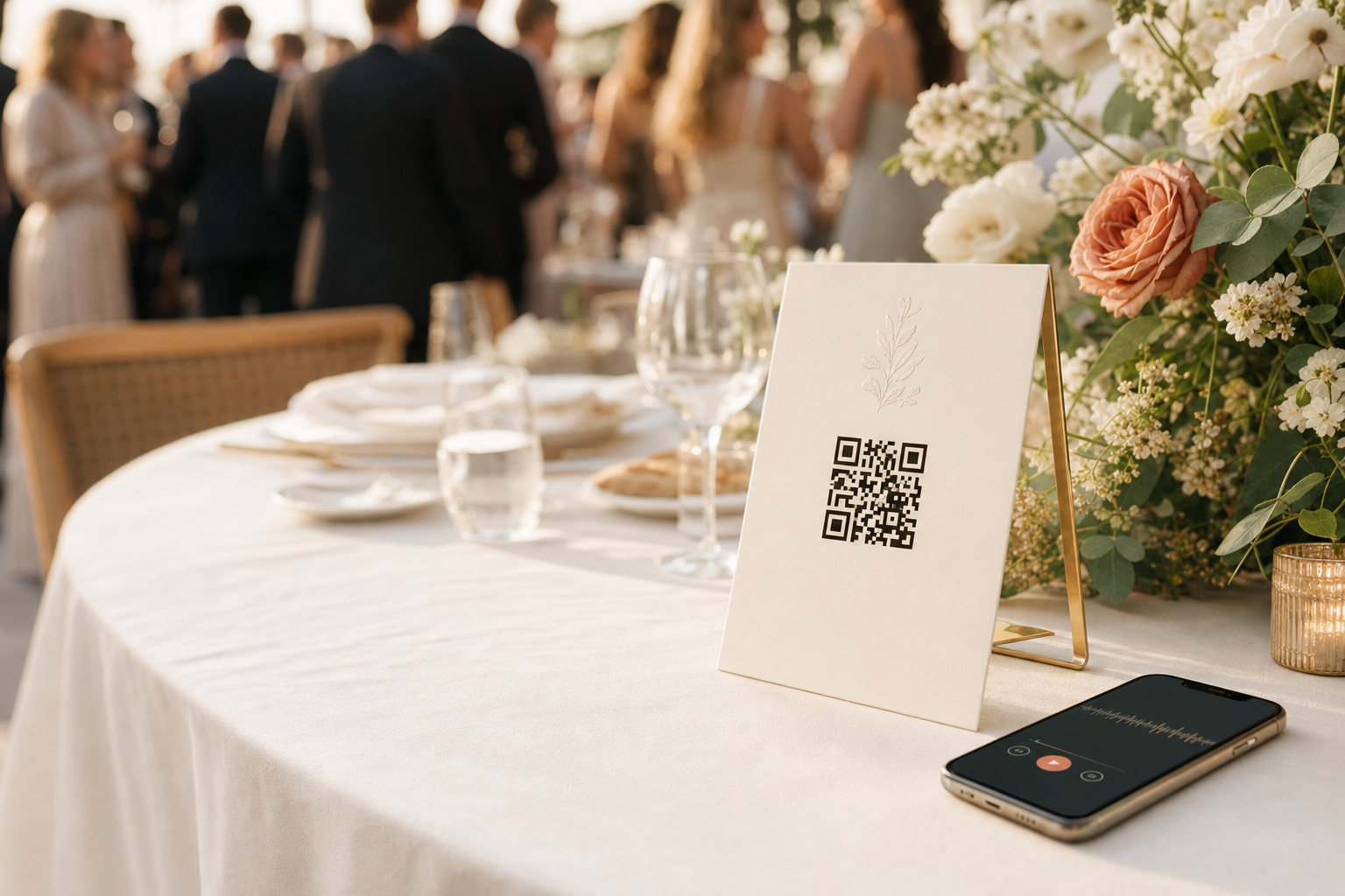 Carton Memolith avec QR Code sur une table de mariage