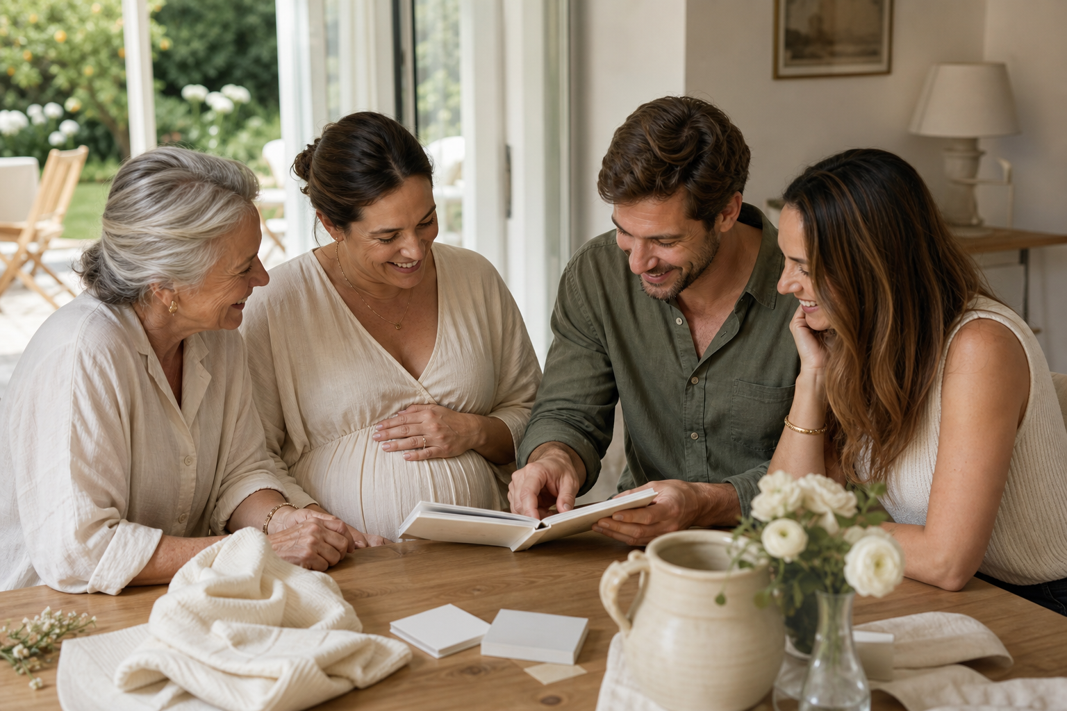 De futurs parents entourés de leurs proches regardent un album lors d'une baby shower