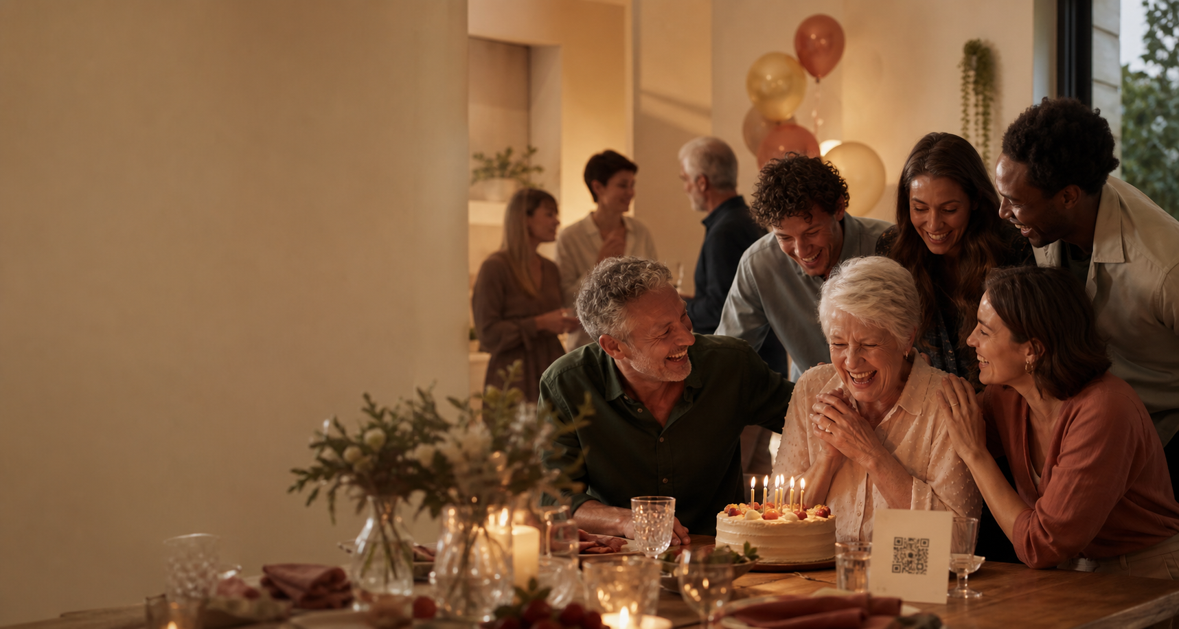 Famille et amis réunis autour d'un gâteau d'anniversaire avec une carte QR Code Memolith